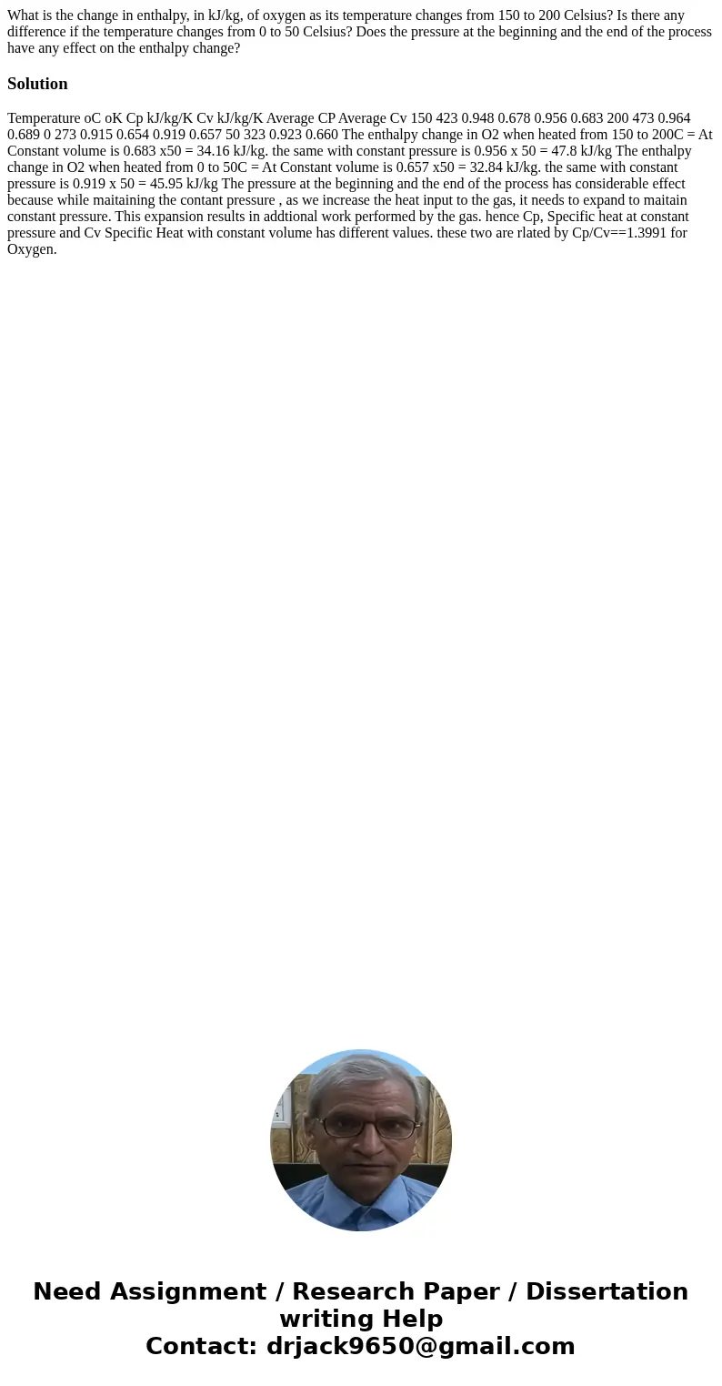What is the change in enthalpy, in kJ/kg, of oxygen as its temperature changes from 150 to 200 Celsius? Is there any difference if the temperature changes from  What is the change in enthalpy, in kJ/kg, of oxygen as its temperature changes from 150 to 200 Celsius? Is there any difference if the temperature changes from