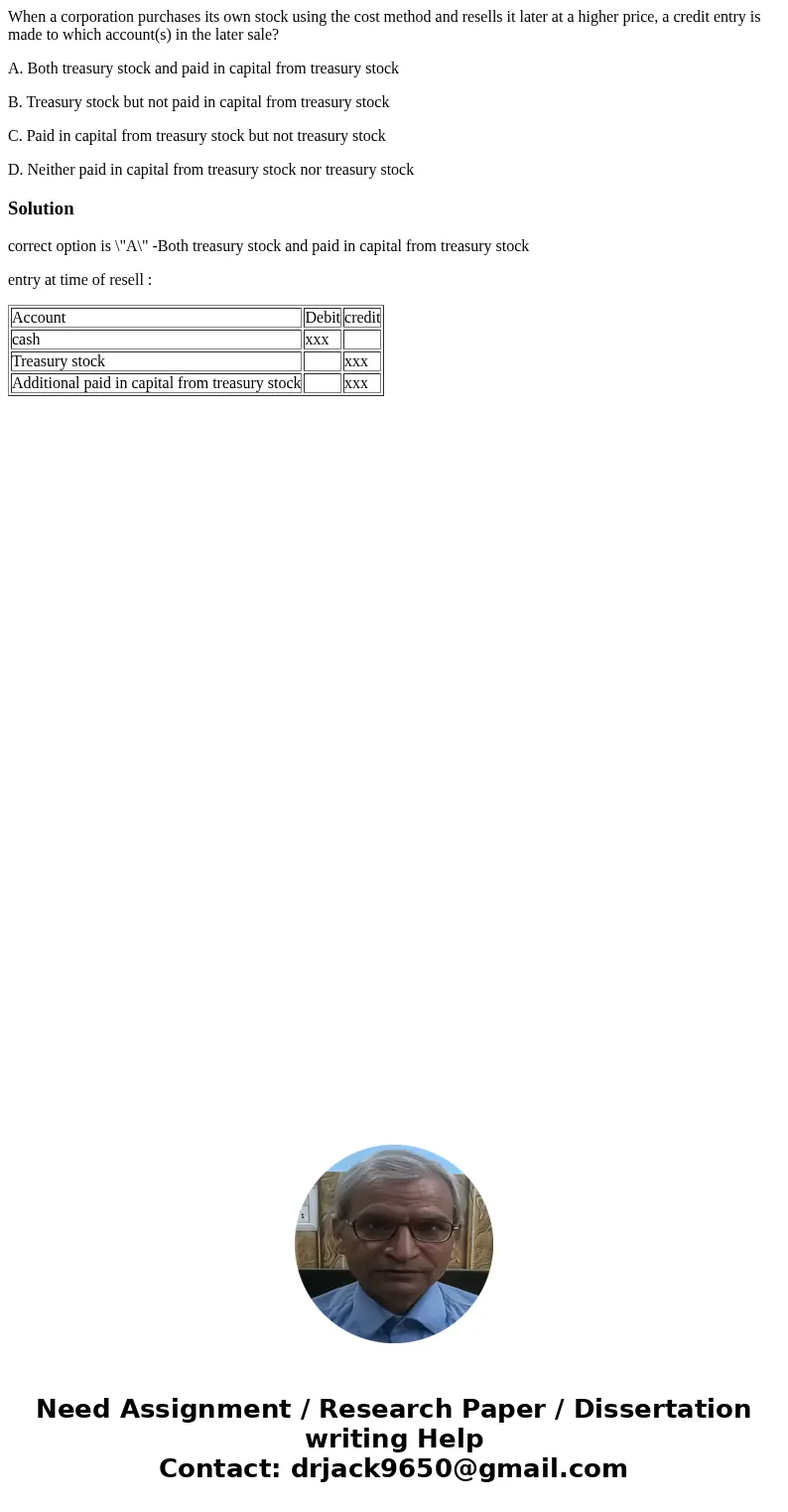 When a corporation purchases its own stock using the cost method and resells it later at a higher price, a credit entry is made to which account(s) in the later