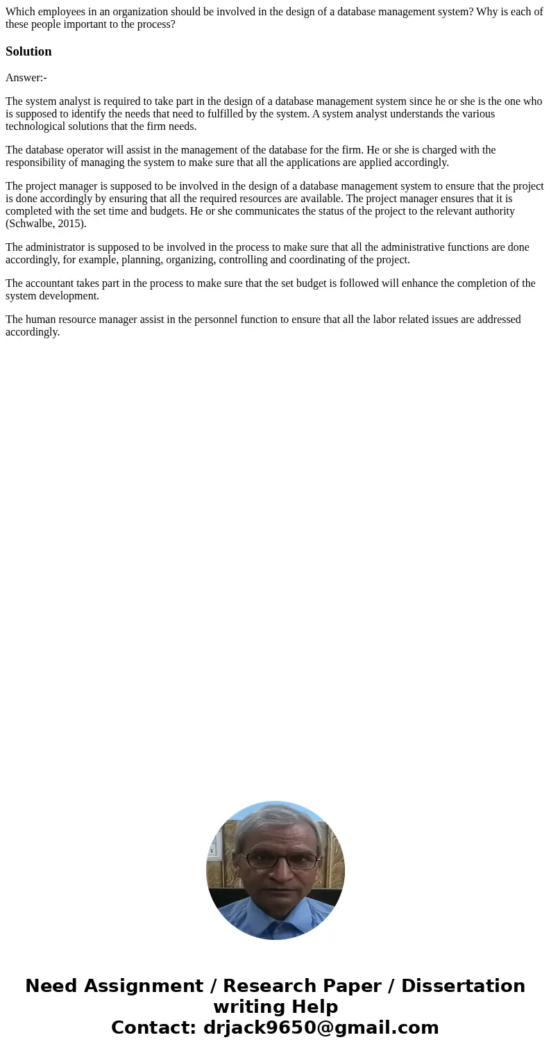 Which employees in an organization should be involved in the design of a database management system? Why is each of these people important to the process?Soluti Which employees in an organization should be involved in the design of a database management system? Why is each of these people important to the process?Soluti
