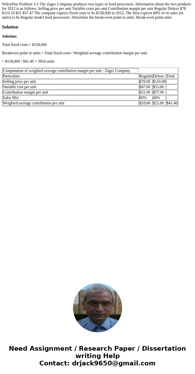 WileyPlus Problem 3-5 The Zager Company produces two types of food processors. Information about the two products for 2012 is as follows: Selling price per uni