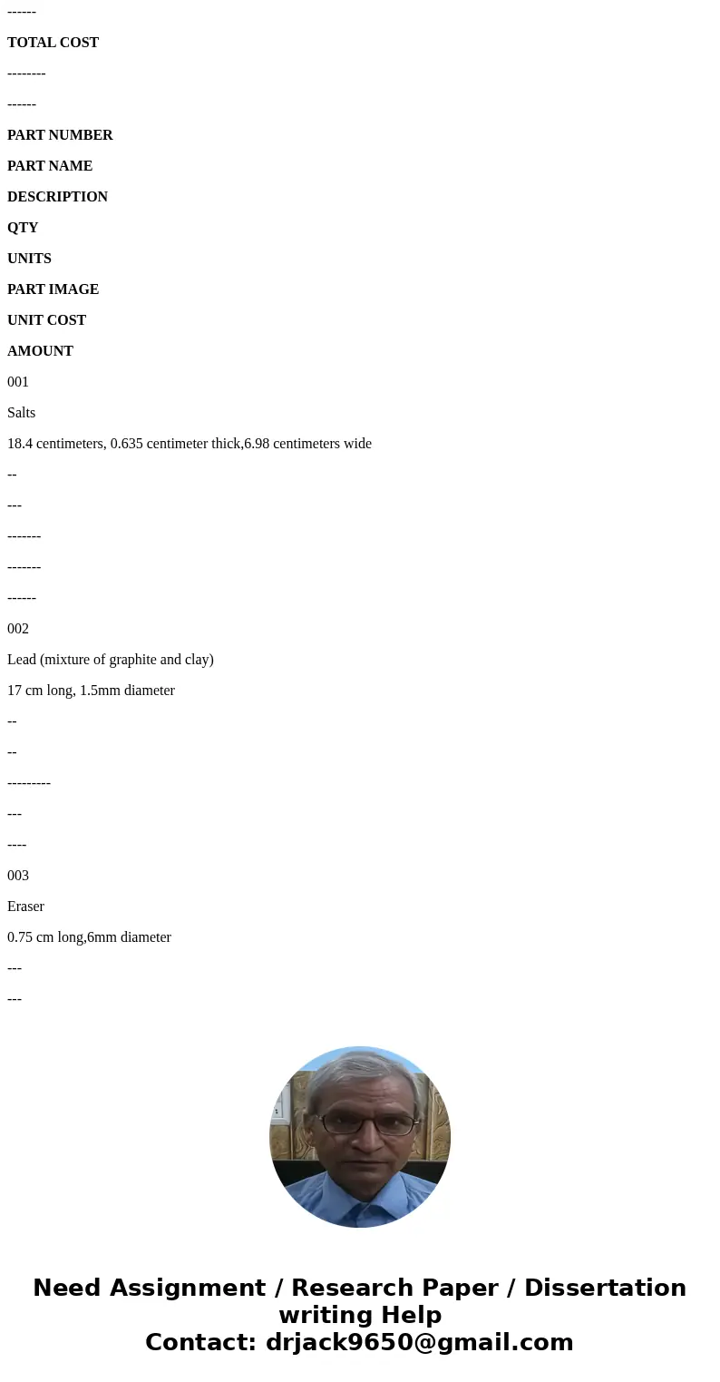 write a bill of materials for production of pencil with costing Description specification Slats 18.4 centimeters, 0.635 centimeter thick,6.98 centimeters wide L