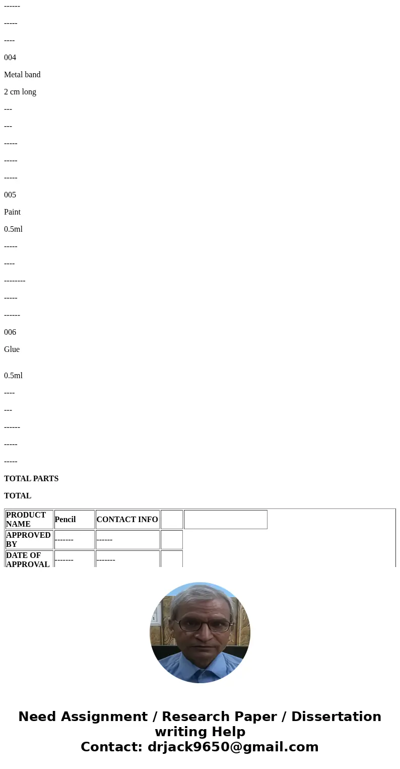 write a bill of materials for production of pencil with costing Description specification Slats 18.4 centimeters, 0.635 centimeter thick,6.98 centimeters wide L