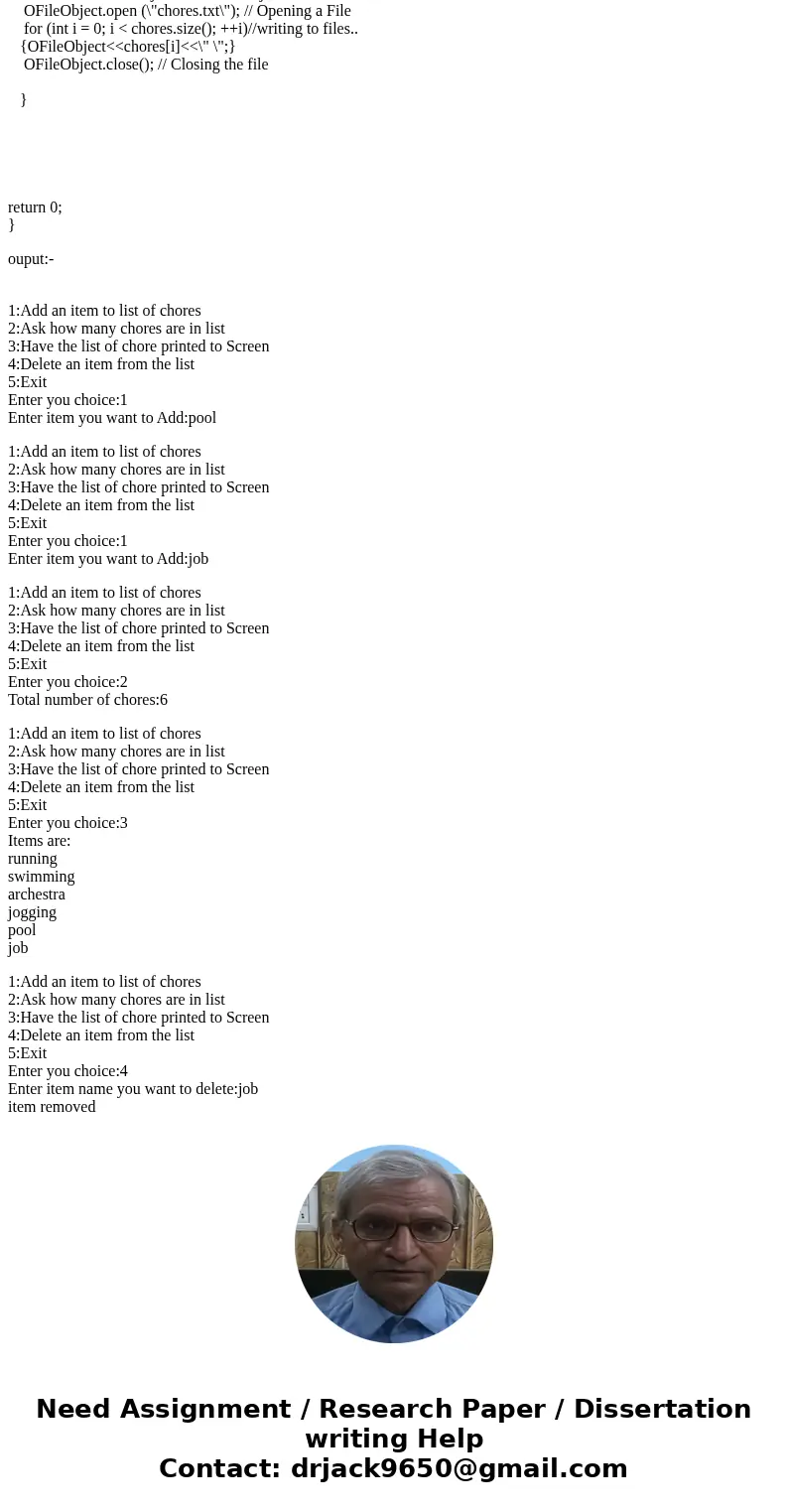 Write a program that uses a dynamic list of strings to keep track of a list of chores that you have to accomplish today. The user of the program can request se  Write a program that uses a dynamic list of strings to keep track of a list of chores that you have to accomplish today. The user of the program can request se