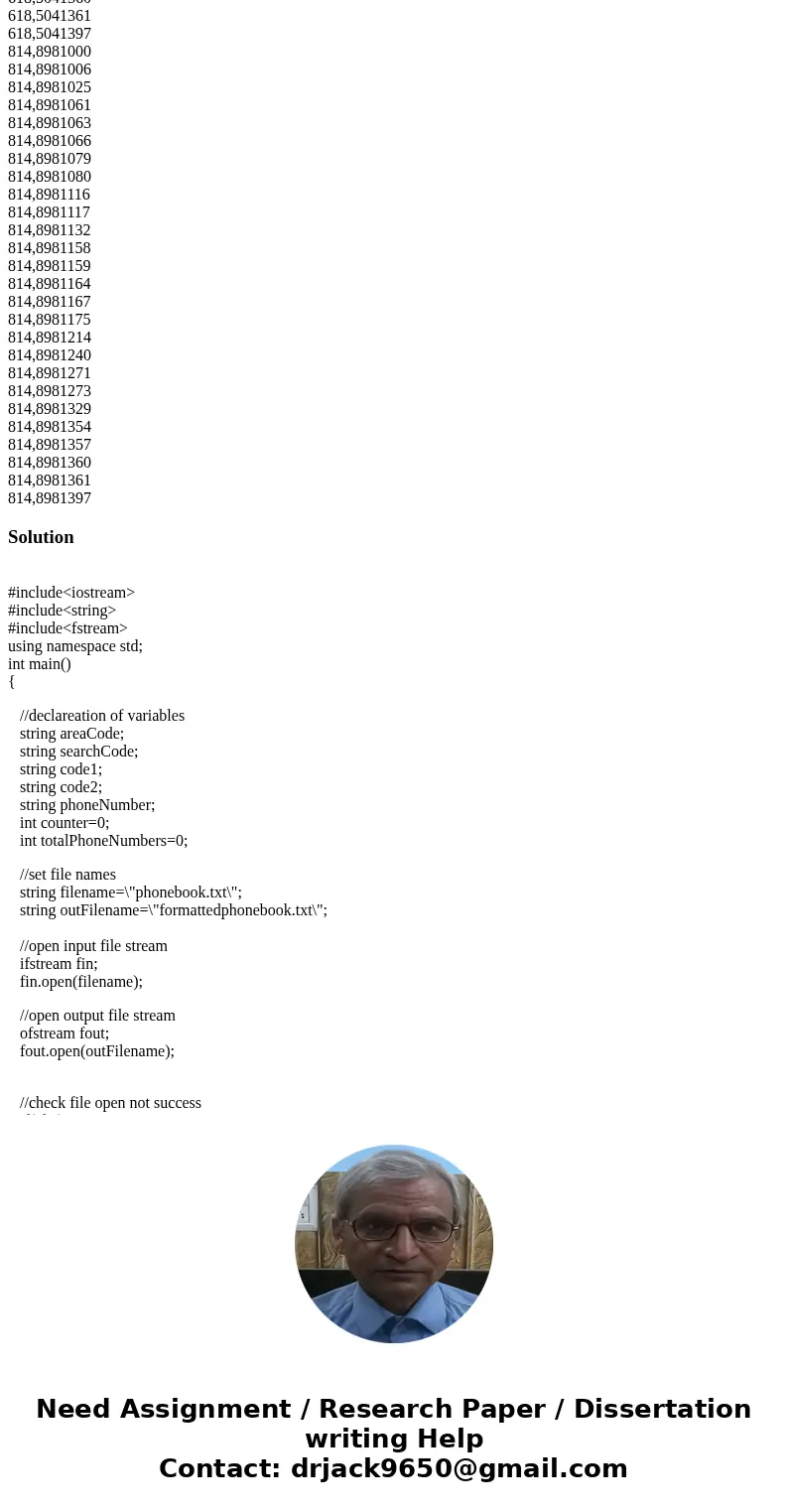 Write a program to read from the text file phonebook.txt and then do the following: (1) Ask for inputting an area code from keyboard, and print on screen how ma Write a program to read from the text file phonebook.txt and then do the following: (1) Ask for inputting an area code from keyboard, and print on screen how ma