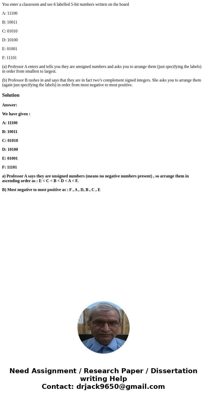 You enter a classroom and see 6 labelled 5-bit numbers written on the board A: 11100 B: 10011 C: 01010 D: 10100 E: 01001 F: 11101 (a) Professor A enters and tel
