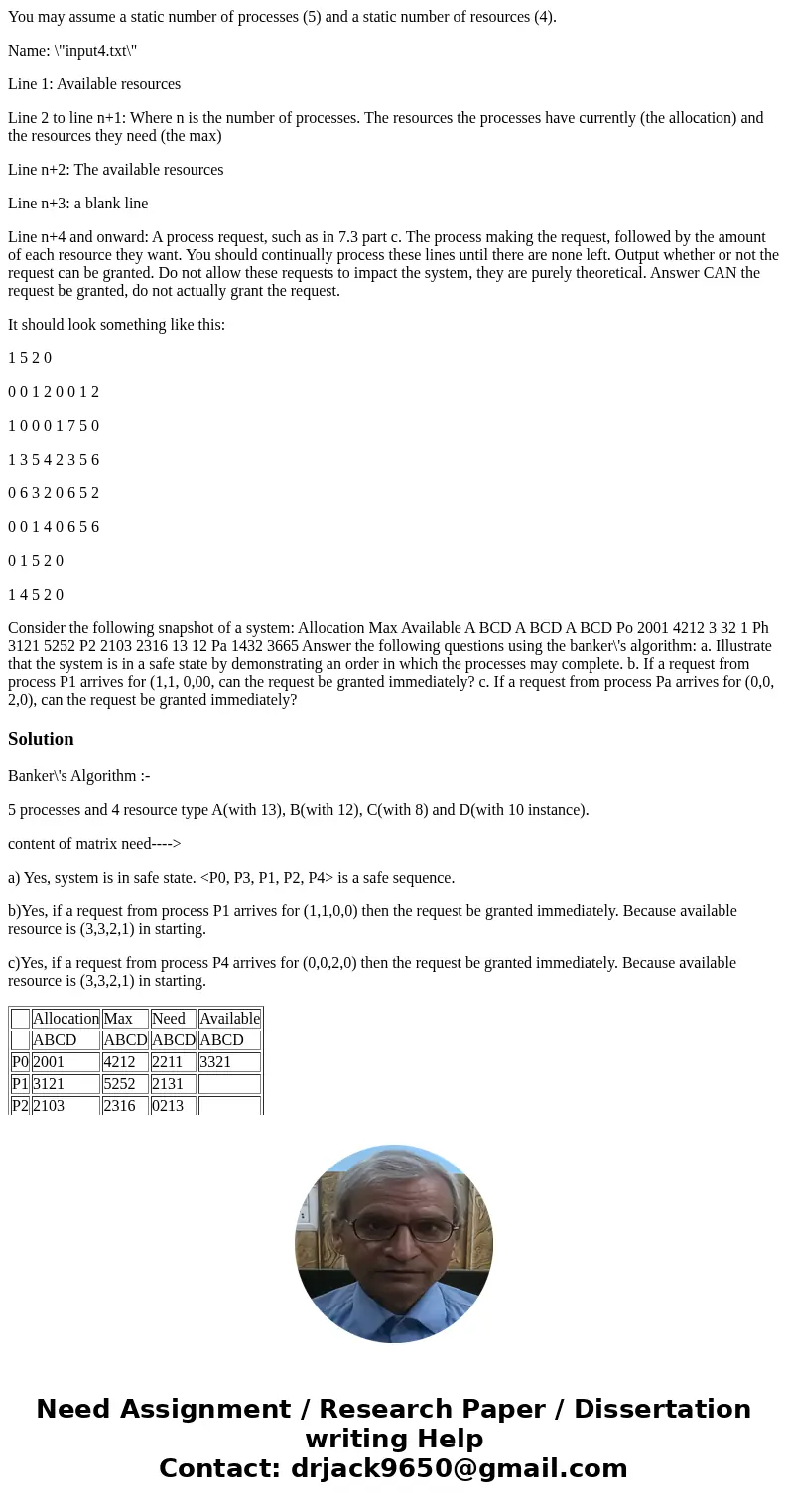 You may assume a static number of processes (5) and a static number of resources (4). Name: \ You may assume a static number of processes (5) and a static number of resources (4). Name: \