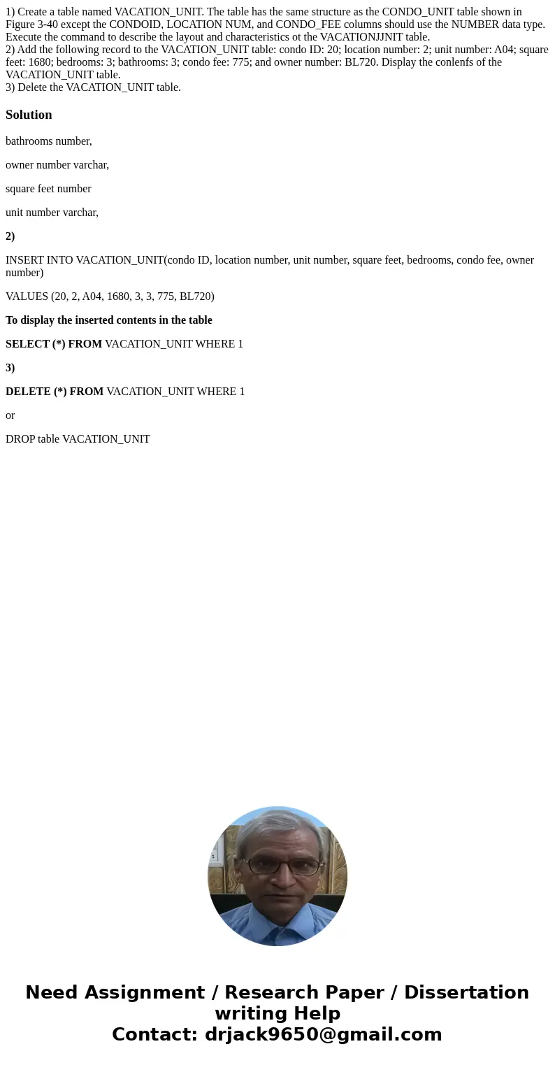1) Create a table named VACATION_UNIT. The table has the same structure as the CONDO_UNIT table shown in Figure 3-40 except the CONDOID, LOCATION NUM, and CONDO 1) Create a table named VACATION_UNIT. The table has the same structure as the CONDO_UNIT table shown in Figure 3-40 except the CONDOID, LOCATION NUM, and CONDO