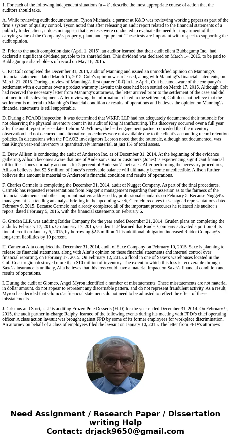 1. For each of the following independent situations (a – k), describe the most appropriate course of action that the auditors should take. A. While reviewing au 1. For each of the following independent situations (a – k), describe the most appropriate course of action that the auditors should take. A. While reviewing au