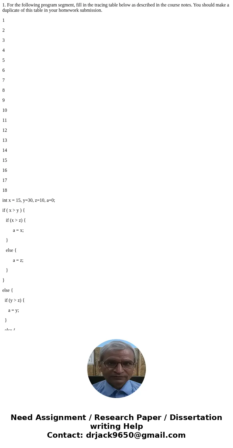 1. For the following program segment, fill in the tracing table below as described in the course notes. You should make a duplicate of this table in your homewo 1. For the following program segment, fill in the tracing table below as described in the course notes. You should make a duplicate of this table in your homewo