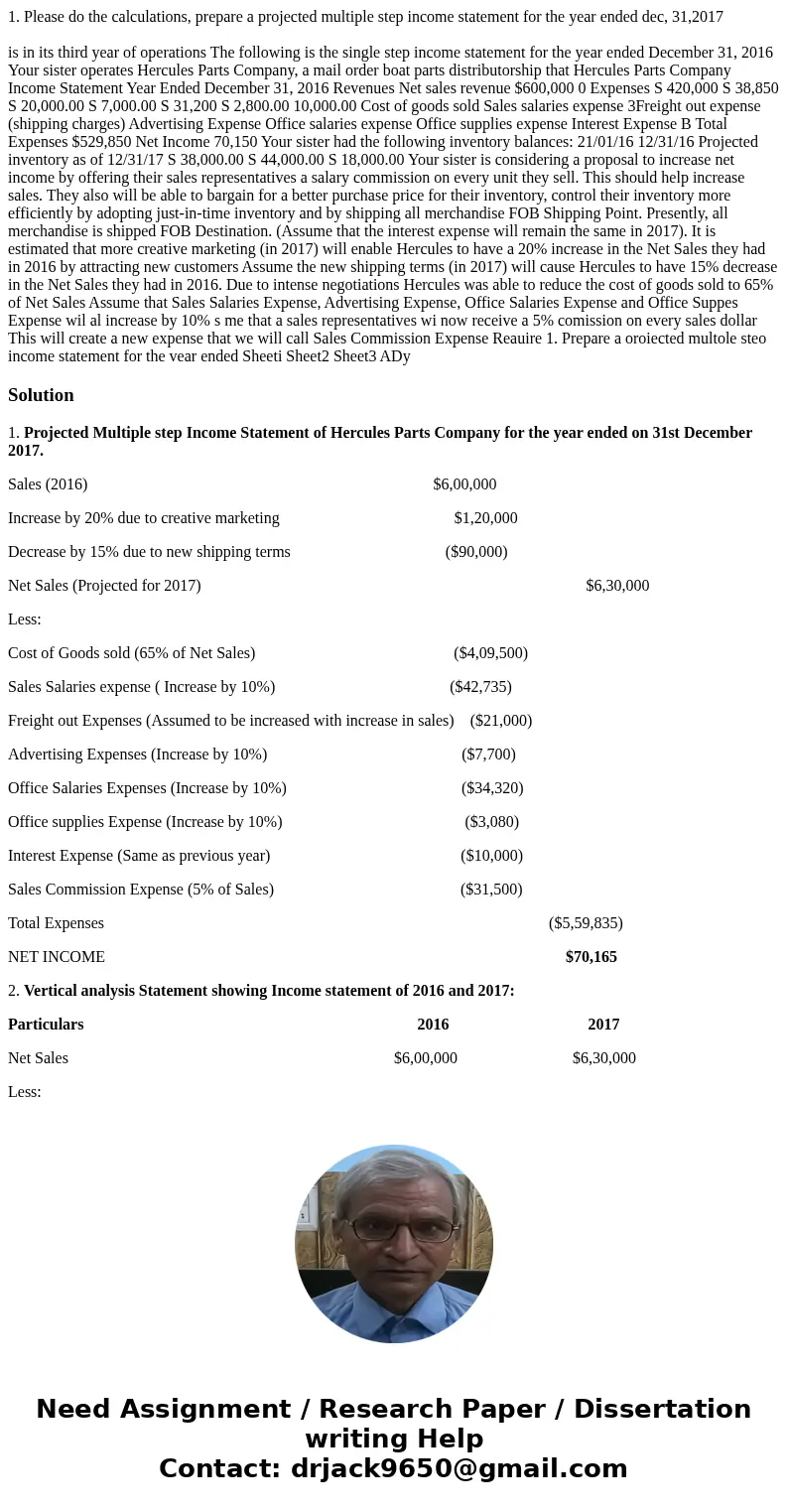 1. Please do the calculations, prepare a projected multiple step income statement for the year ended dec, 31,2017 is in its third year of operations The followi