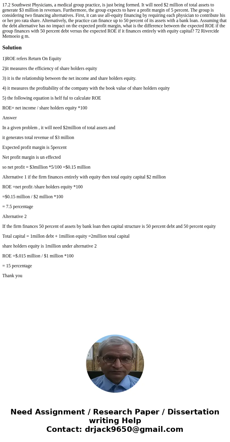 17.2 Southwest Physicians, a medical group practice, is just being formed. It will need $2 million of total assets to generate $3 million in revenues. Furtherm  17.2 Southwest Physicians, a medical group practice, is just being formed. It will need $2 million of total assets to generate $3 million in revenues. Furtherm