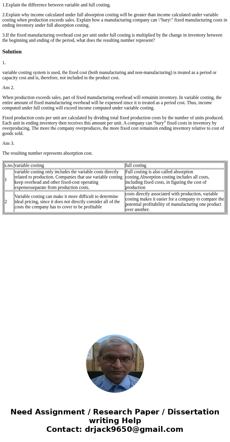 1.Explain the difference between variable and full costing. 2.Explain why income calculated under full absorption costing will be greater than income calculated 1.Explain the difference between variable and full costing. 2.Explain why income calculated under full absorption costing will be greater than income calculated
