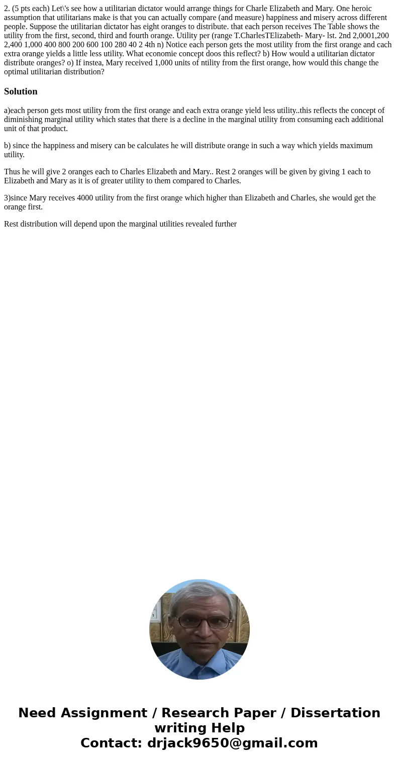 2. (5 pts each) Let\'s see how a utilitarian dictator would arrange things for Charle Elizabeth and Mary. One heroic assumption that utilitarians make is that   2. (5 pts each) Let\'s see how a utilitarian dictator would arrange things for Charle Elizabeth and Mary. One heroic assumption that utilitarians make is that