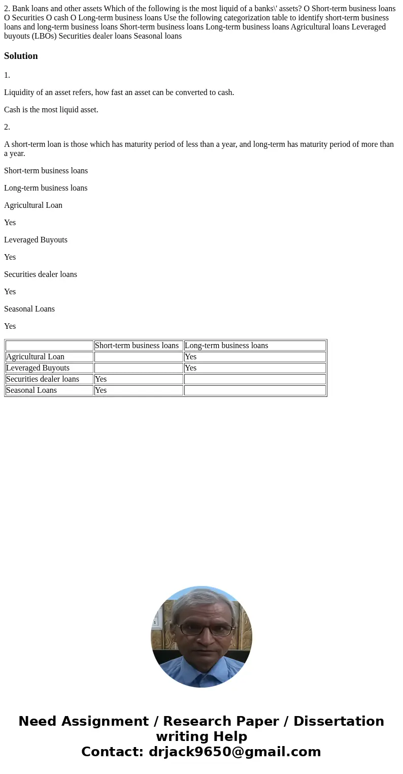  2. Bank loans and other assets Which of the following is the most liquid of a banks\' assets? O Short-term business loans O Securities O cash O Long-term busin