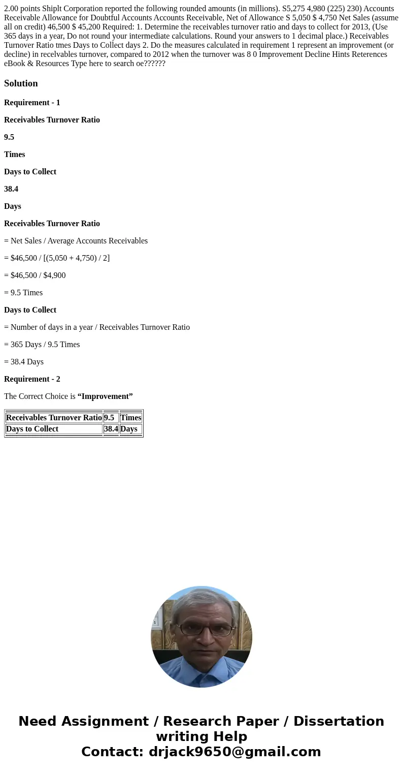  2.00 points Shiplt Corporation reported the following rounded amounts (in millions). S5,275 4,980 (225) 230) Accounts Receivable Allowance for Doubtful Account
