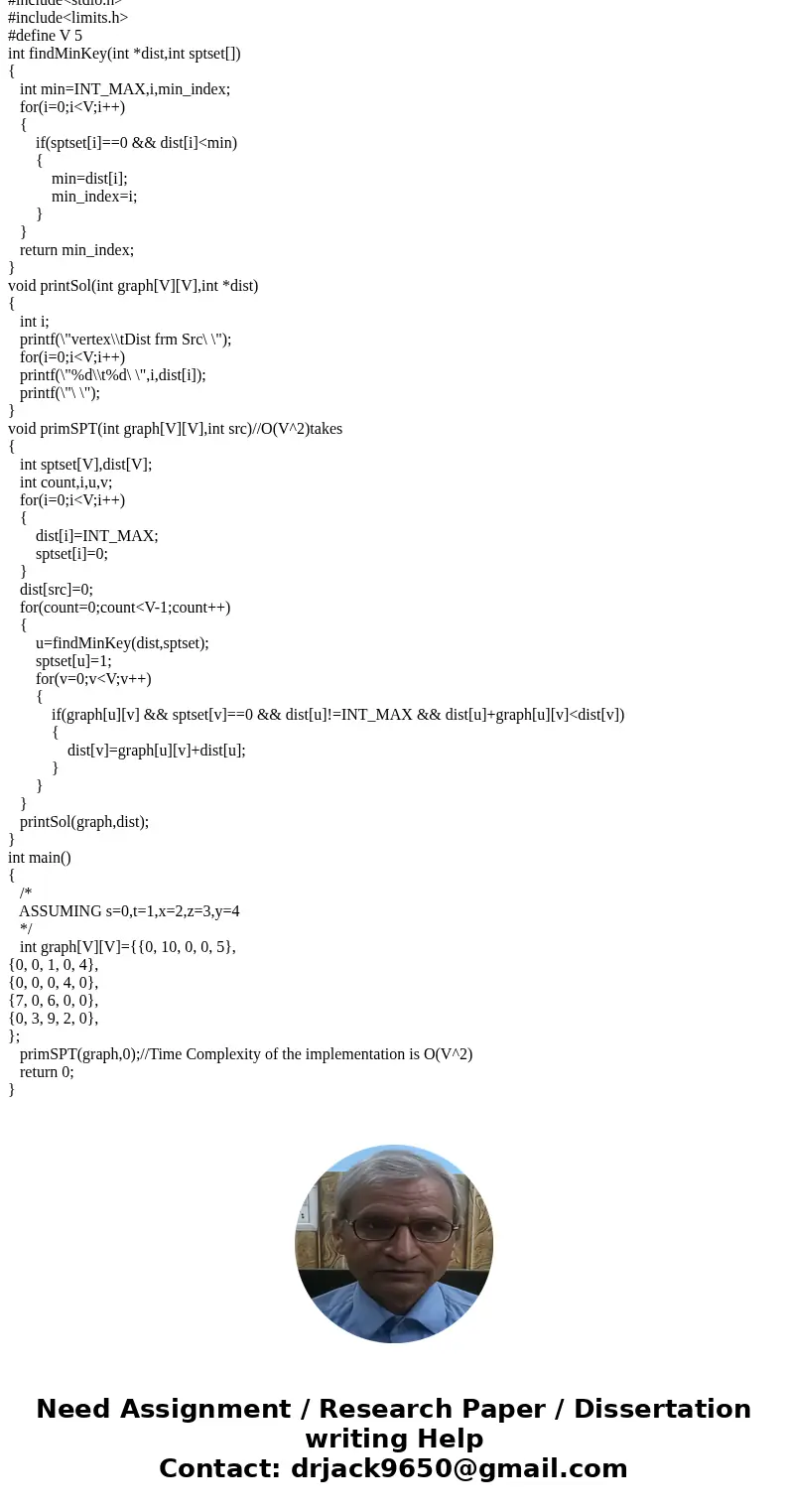  4 2 9 1 5 1 SolutionASSUMING s=0,t=1,x=2,z=3,y=4 #include<stdio.h> #include<limits.h> #define V 5 int findMinKey(int *dist,int sptset[]) { int min=
