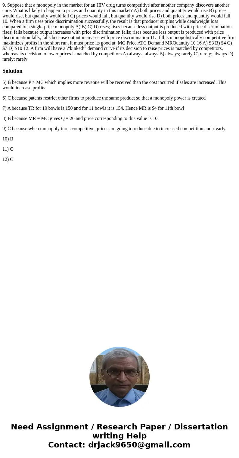 9. Suppose that a monopoly in the market for an HIV drug turns competitive after another company discovers another cure. What is likely to happen to prices and  9. Suppose that a monopoly in the market for an HIV drug turns competitive after another company discovers another cure. What is likely to happen to prices and