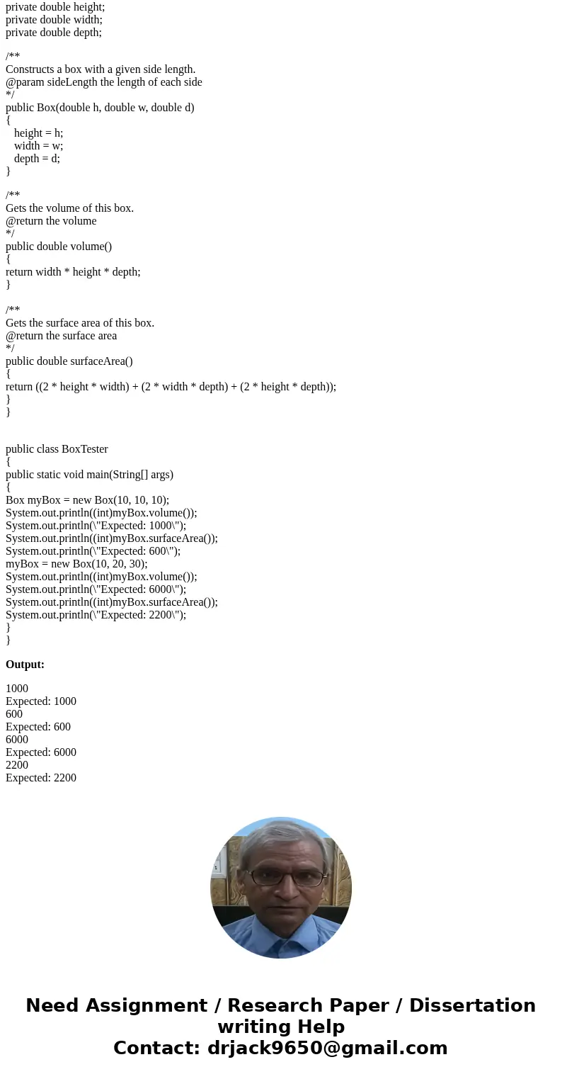 A box is a three-dimensional object with width, height, and depth. Complete the following code: The following class is used to check your work: Complete the fol A box is a three-dimensional object with width, height, and depth. Complete the following code: The following class is used to check your work: Complete the fol