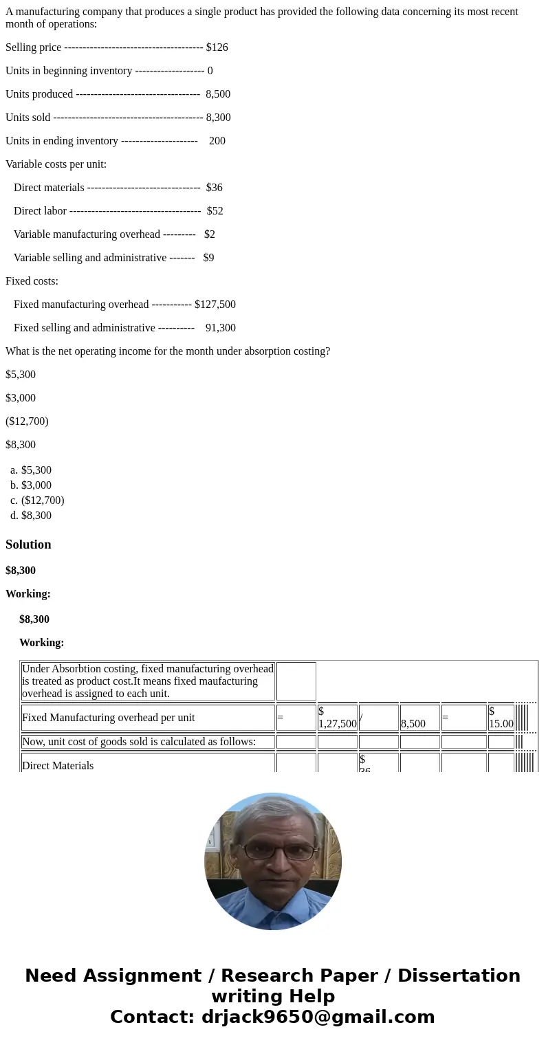 A manufacturing company that produces a single product has provided the following data concerning its most recent month of operations: Selling price -----------