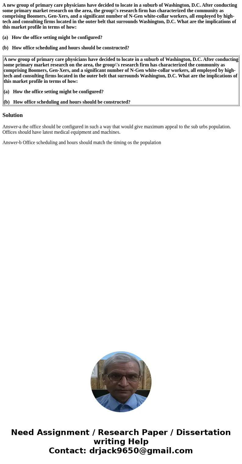 A new group of primary care physicians have decided to locate in a suburb of Washington, D.C. After conducting some primary market research on the area, the gro A new group of primary care physicians have decided to locate in a suburb of Washington, D.C. After conducting some primary market research on the area, the gro