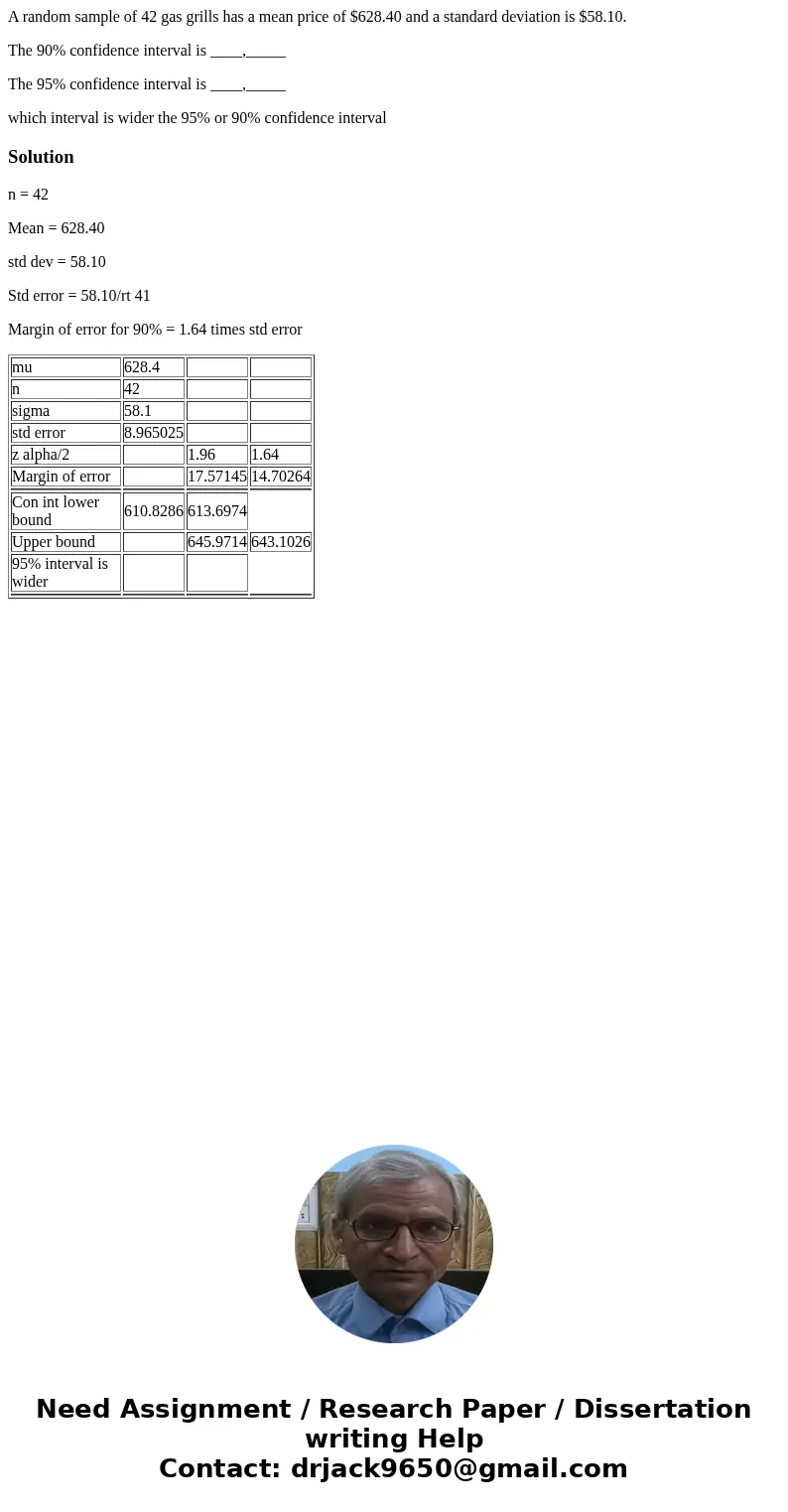 A random sample of 42 gas grills has a mean price of $628.40 and a standard deviation is $58.10. The 90% confidence interval is ____,_____ The 95% confidence in