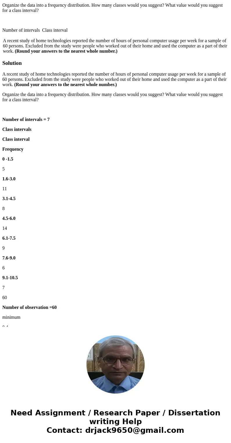 A recent study of home technologies reported the number of hours of personal computer usage per week for a sample of 60 persons. Excluded from the study were pe A recent study of home technologies reported the number of hours of personal computer usage per week for a sample of 60 persons. Excluded from the study were pe