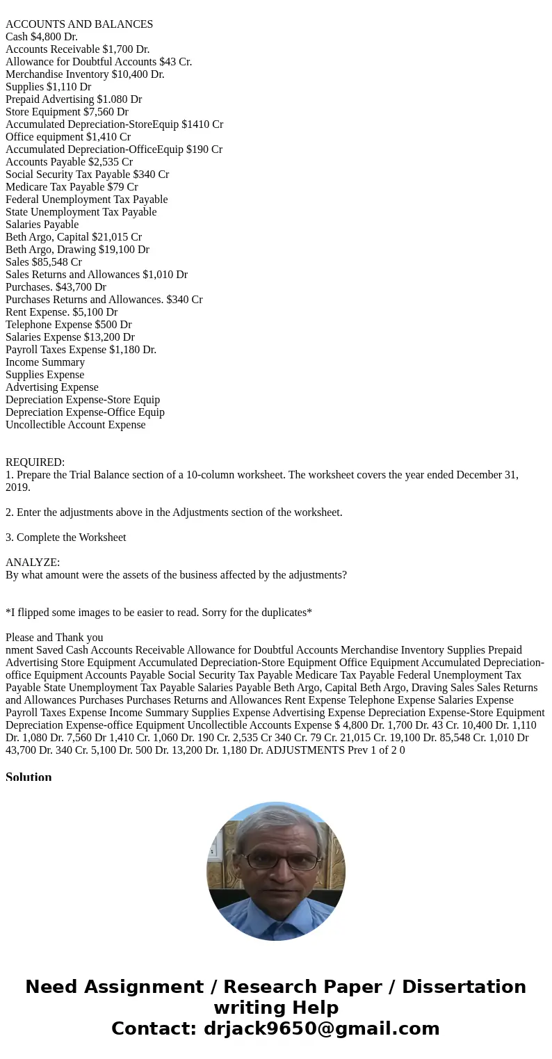  ACCOUNTS AND BALANCES Cash $4,800 Dr. Accounts Receivable $1,700 Dr. Allowance for Doubtful Accounts $43 Cr. Merchandise Inventory $10,400 Dr. Supplies $1,110 