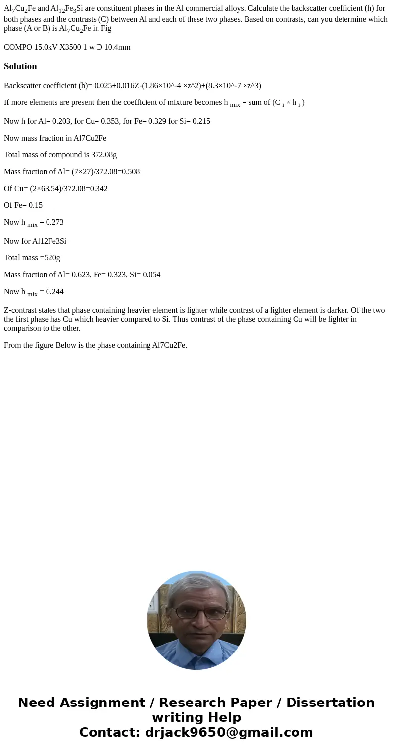 Al7Cu2Fe and Al12Fe3Si are constituent phases in the Al commercial alloys. Calculate the backscatter coefficient (h) for both phases and the contrasts (C) betwe Al7Cu2Fe and Al12Fe3Si are constituent phases in the Al commercial alloys. Calculate the backscatter coefficient (h) for both phases and the contrasts (C) betwe