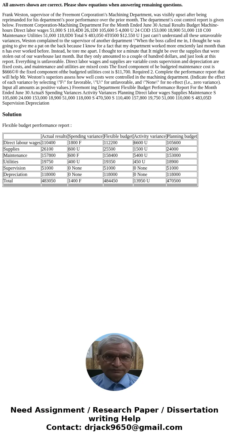All answers shown are correct. Please show equations when answering remaining questions. Frank Weston, supervisor of the Freemont Corporation\'s Machining Depar All answers shown are correct. Please show equations when answering remaining questions. Frank Weston, supervisor of the Freemont Corporation\'s Machining Depar
