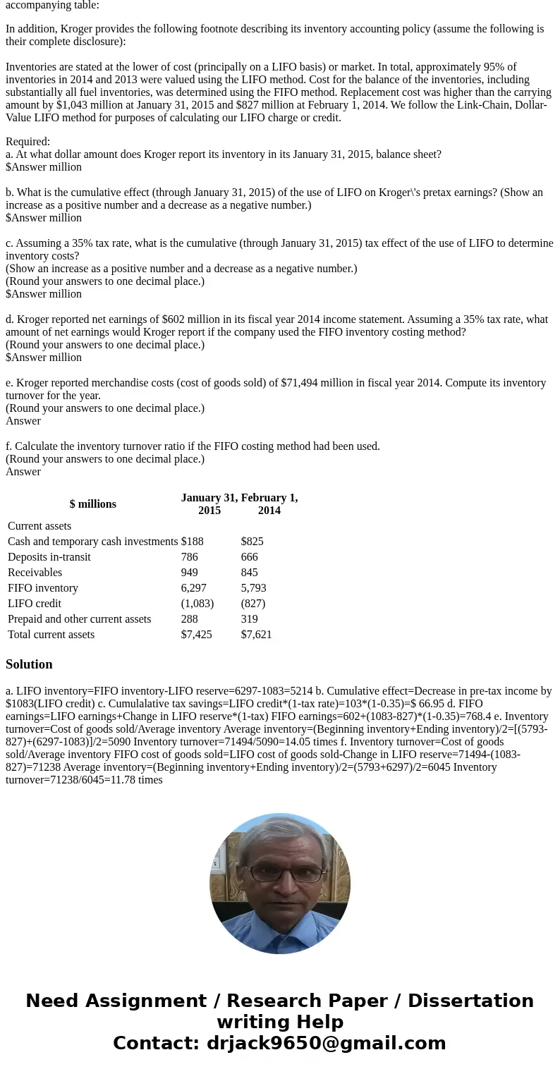 Analyzing Inventory Disclosure Comparing LIFO and FIFO The current asset section of the 2014 and 2013 fiscal year end balance sheets of The Kroger Co. are prese Analyzing Inventory Disclosure Comparing LIFO and FIFO The current asset section of the 2014 and 2013 fiscal year end balance sheets of The Kroger Co. are prese