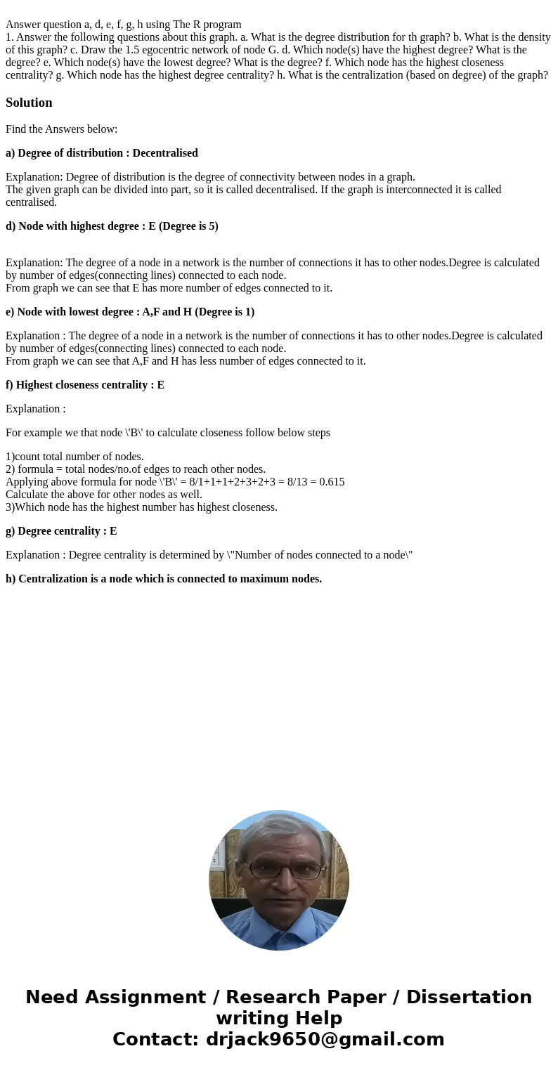  Answer question a, d, e, f, g, h using The R program 1. Answer the following questions about this graph. a. What is the degree distribution for th graph? b. Wh