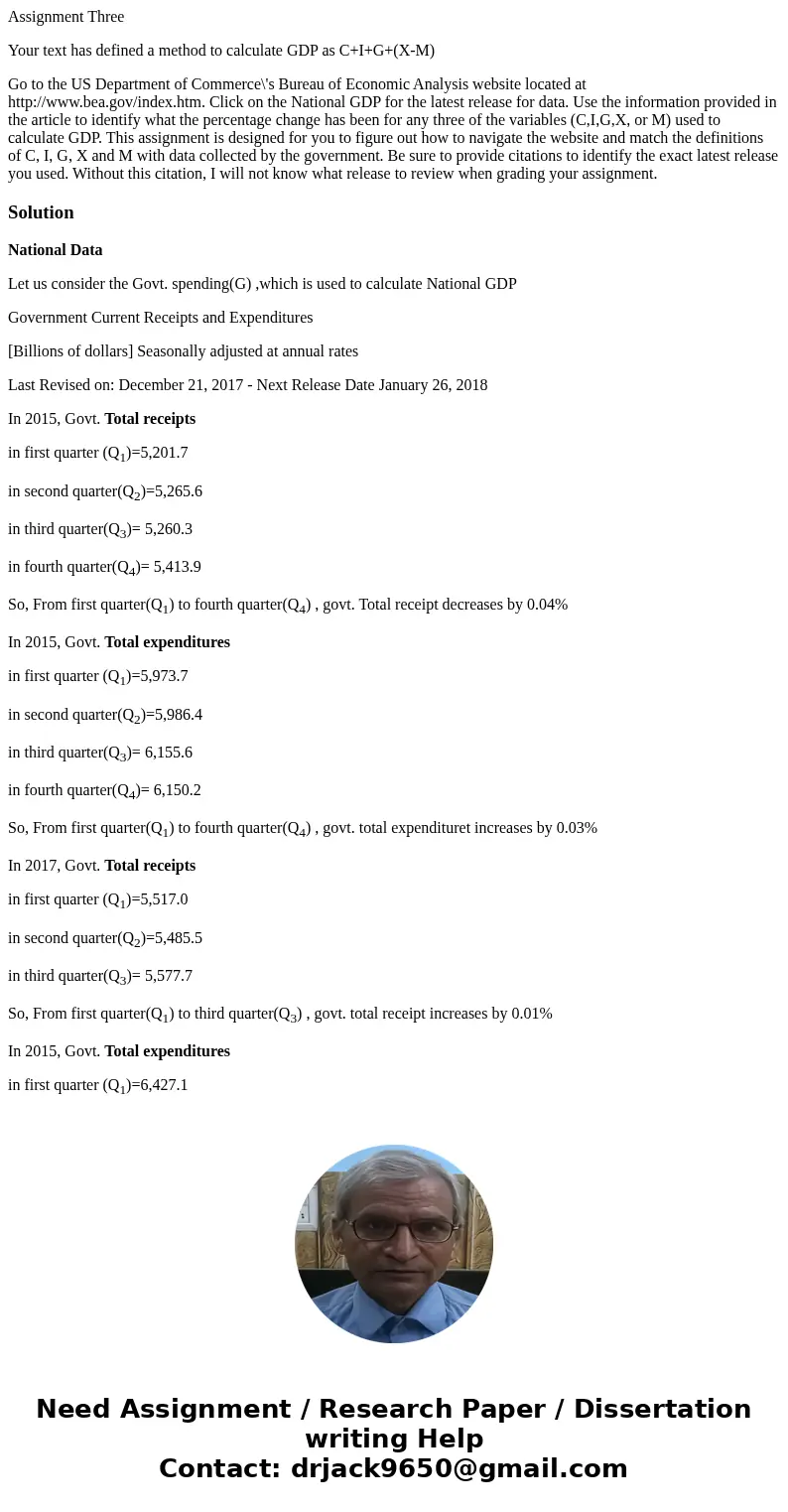 Assignment Three Your text has defined a method to calculate GDP as C+I+G+(X-M) Go to the US Department of Commerce\'s Bureau of Economic Analysis website locat Assignment Three Your text has defined a method to calculate GDP as C+I+G+(X-M) Go to the US Department of Commerce\'s Bureau of Economic Analysis website locat
