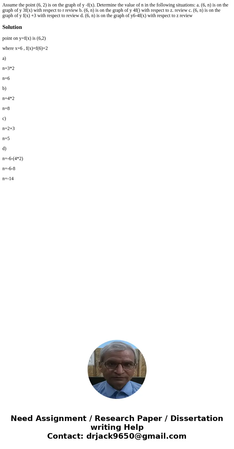 Assume the point (6, 2) is on the graph of y -f(x). Determine the value of n in the following situations: a. (6, n) is on the graph of y 3f(x) with respect to   Assume the point (6, 2) is on the graph of y -f(x). Determine the value of n in the following situations: a. (6, n) is on the graph of y 3f(x) with respect to