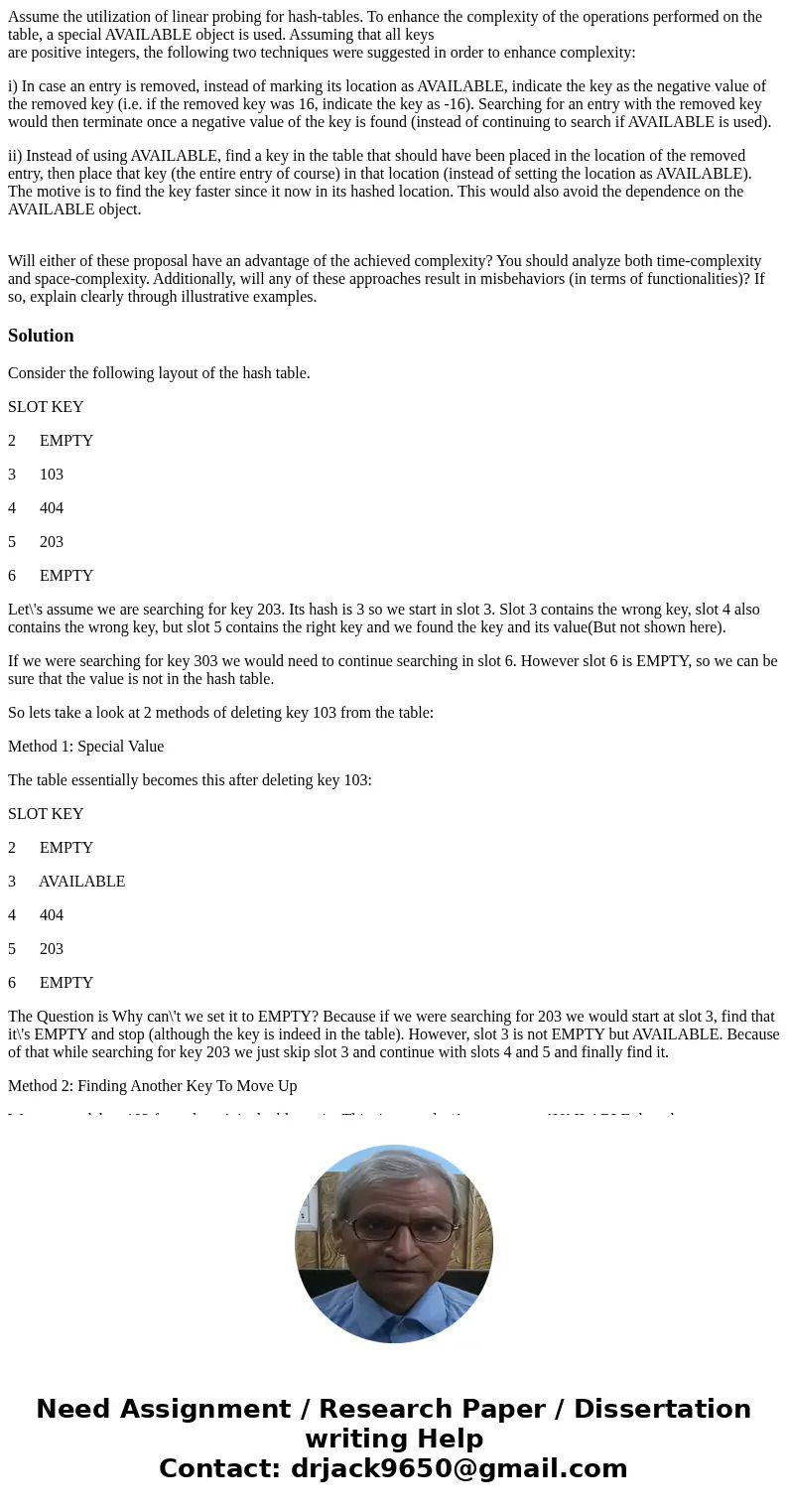 Assume the utilization of linear probing for hash-tables. To enhance the complexity of the operations performed on the table, a special AVAILABLE object is used Assume the utilization of linear probing for hash-tables. To enhance the complexity of the operations performed on the table, a special AVAILABLE object is used