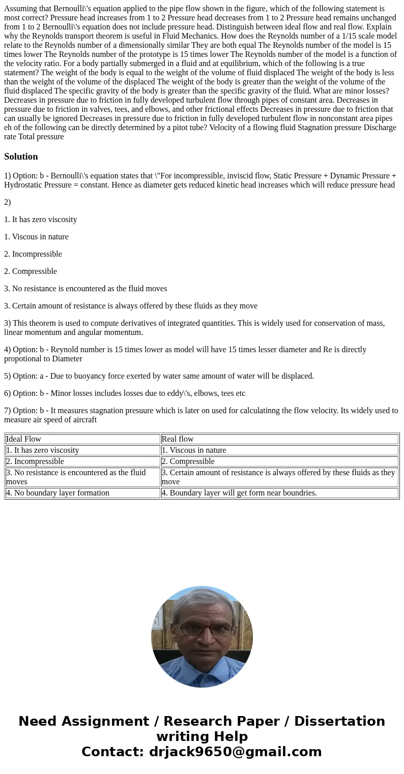  Assuming that Bernoulli\'s equation applied to the pipe flow shown in the figure, which of the following statement is most correct? Pressure head increases fro