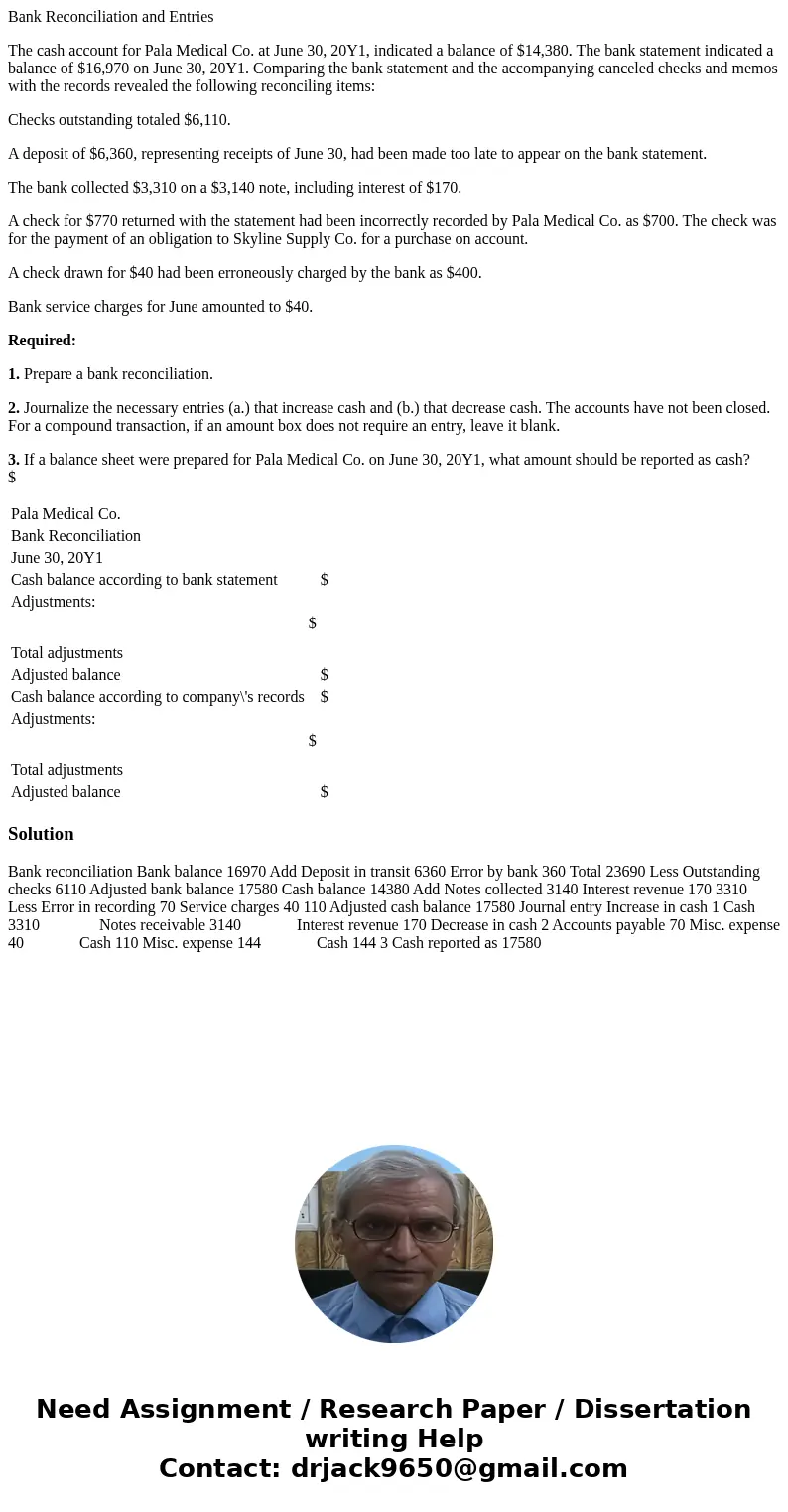 Bank Reconciliation and Entries The cash account for Pala Medical Co. at June 30, 20Y1, indicated a balance of $14,380. The bank statement indicated a balance o
