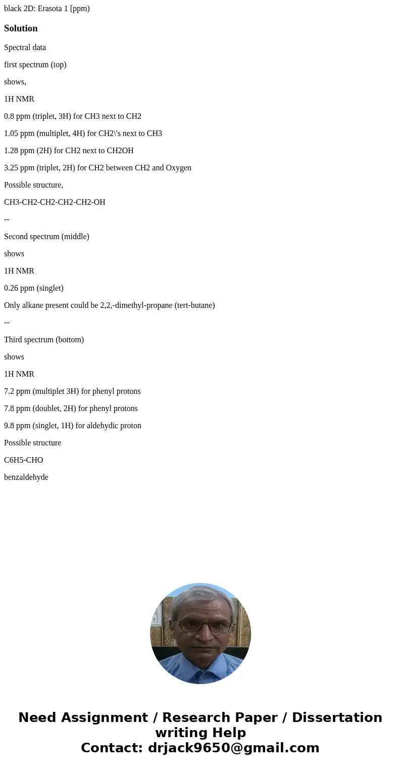 black 2D: Erasota 1 [ppm) SolutionSpectral data first spectrum (top) shows, 1H NMR 0.8 ppm (triplet, 3H) for CH3 next to CH2 1.05 ppm (multiplet, 4H) for CH2\'  black 2D: Erasota 1 [ppm) SolutionSpectral data first spectrum (top) shows, 1H NMR 0.8 ppm (triplet, 3H) for CH3 next to CH2 1.05 ppm (multiplet, 4H) for CH2\'