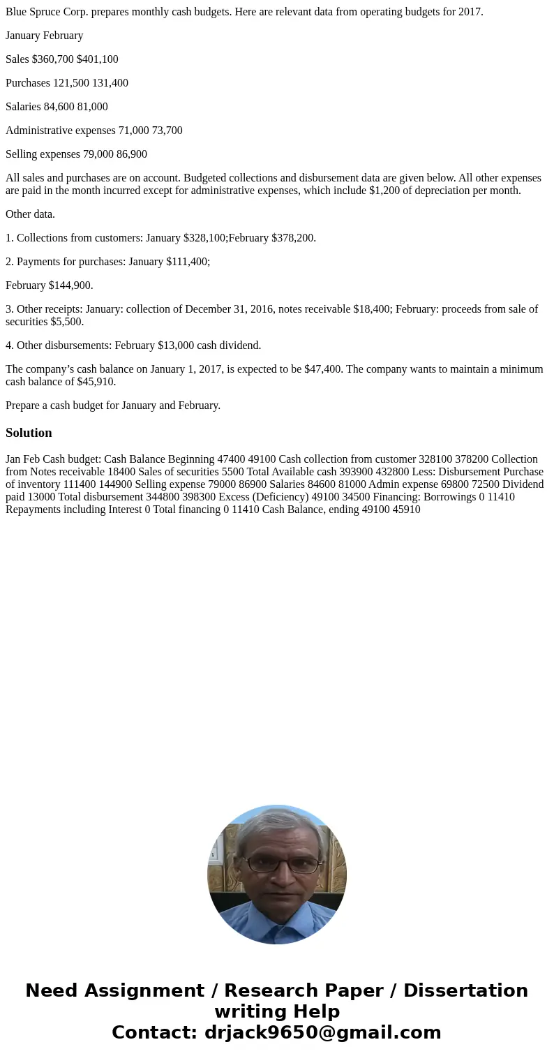 Blue Spruce Corp. prepares monthly cash budgets. Here are relevant data from operating budgets for 2017. January February Sales $360,700 $401,100 Purchases 121, Blue Spruce Corp. prepares monthly cash budgets. Here are relevant data from operating budgets for 2017. January February Sales $360,700 $401,100 Purchases 121,