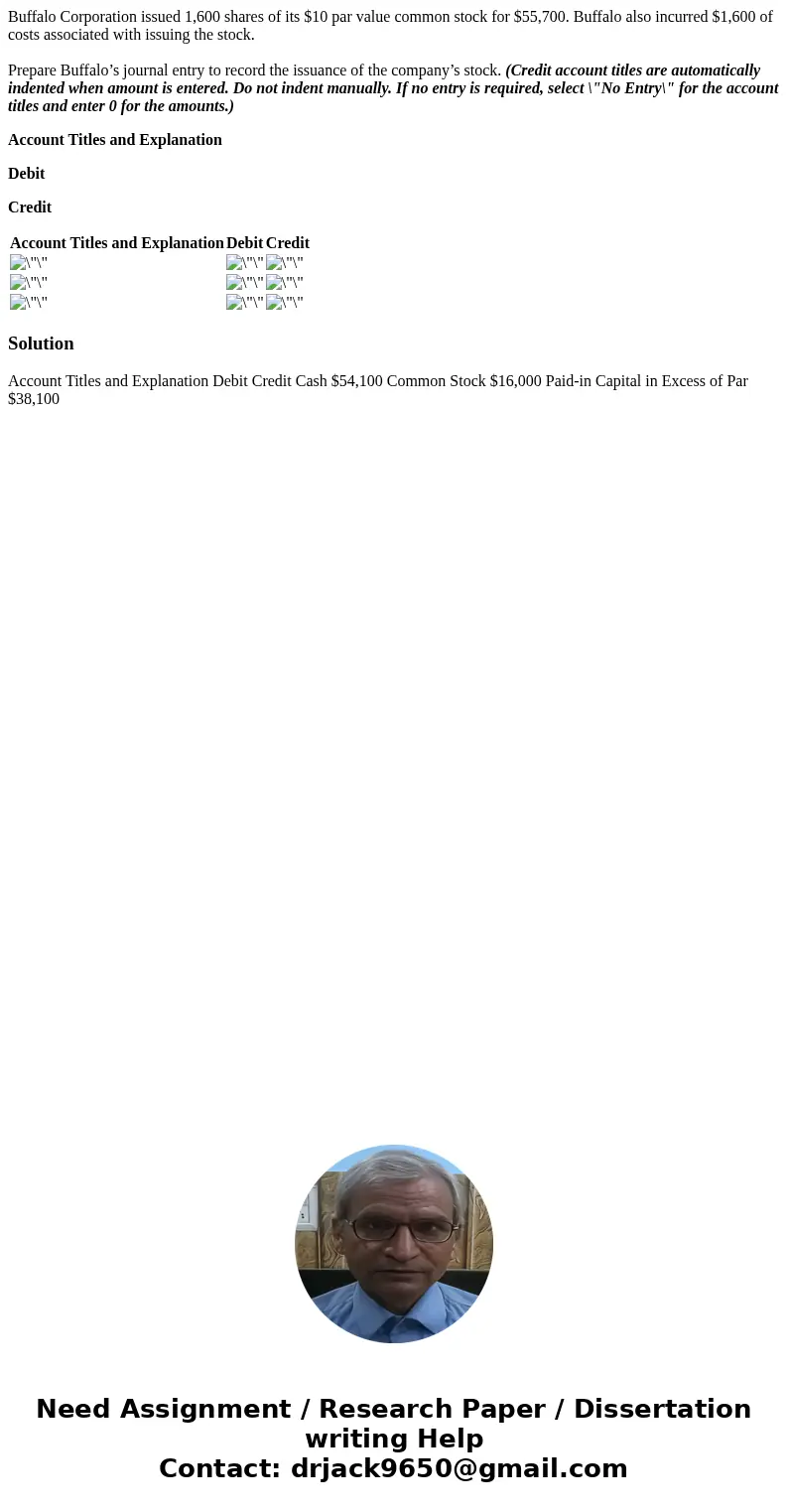 Buffalo Corporation issued 1,600 shares of its $10 par value common stock for $55,700. Buffalo also incurred $1,600 of costs associated with issuing the stock. 