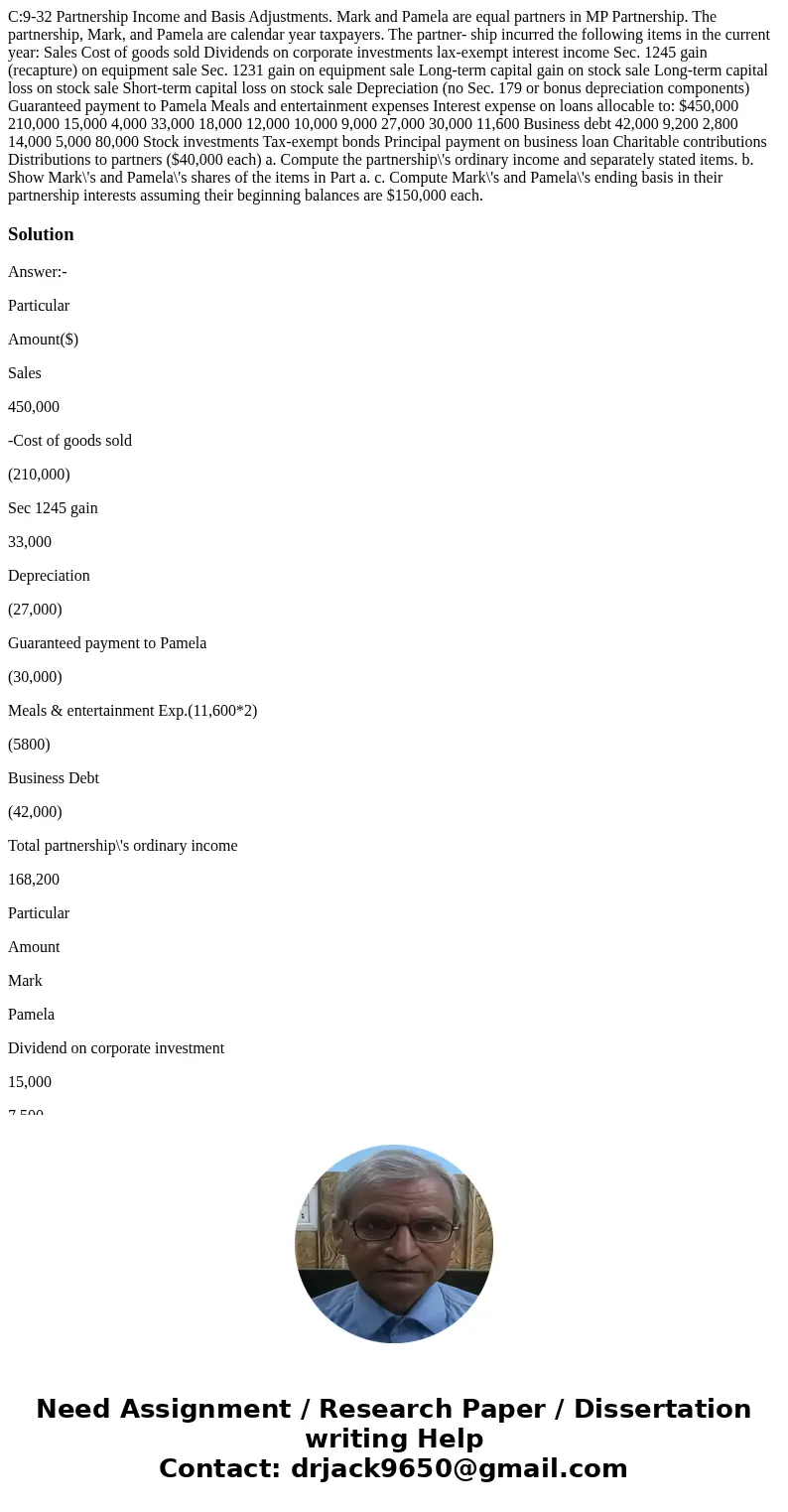 C:9-32 Partnership Income and Basis Adjustments. Mark and Pamela are equal partners in MP Partnership. The partnership, Mark, and Pamela are calendar year taxp  C:9-32 Partnership Income and Basis Adjustments. Mark and Pamela are equal partners in MP Partnership. The partnership, Mark, and Pamela are calendar year taxp