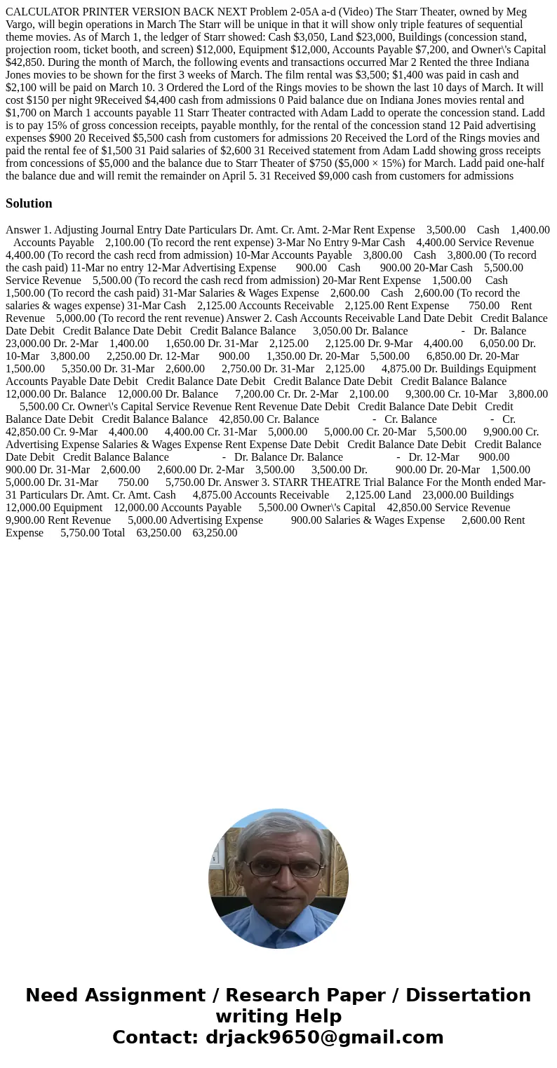 CALCULATOR PRINTER VERSION BACK NEXT Problem 2-05A a-d (Video) The Starr Theater, owned by Meg Vargo, will begin operations in March The Starr will be unique i  CALCULATOR PRINTER VERSION BACK NEXT Problem 2-05A a-d (Video) The Starr Theater, owned by Meg Vargo, will begin operations in March The Starr will be unique i