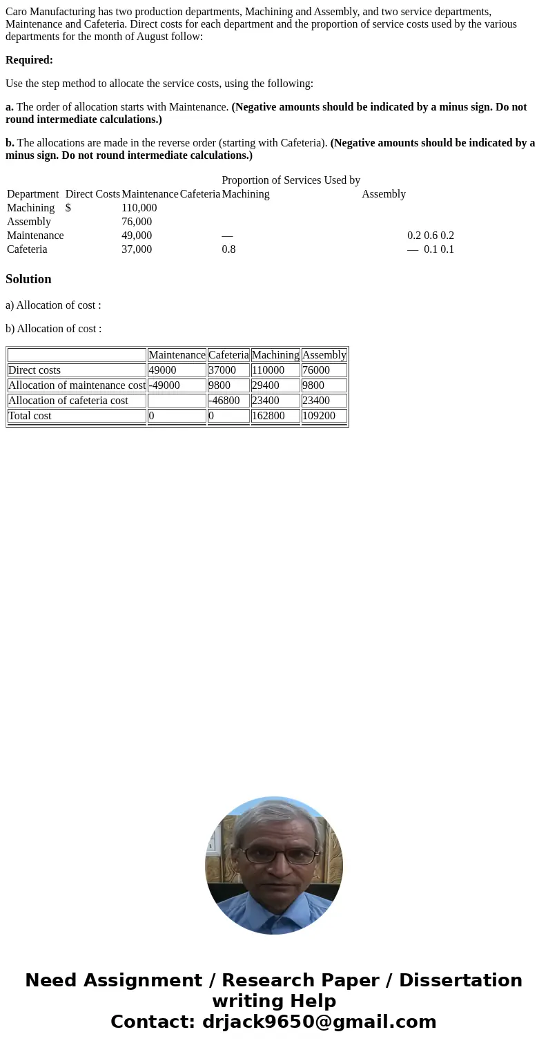 Caro Manufacturing has two production departments, Machining and Assembly, and two service departments, Maintenance and Cafeteria. Direct costs for each departm