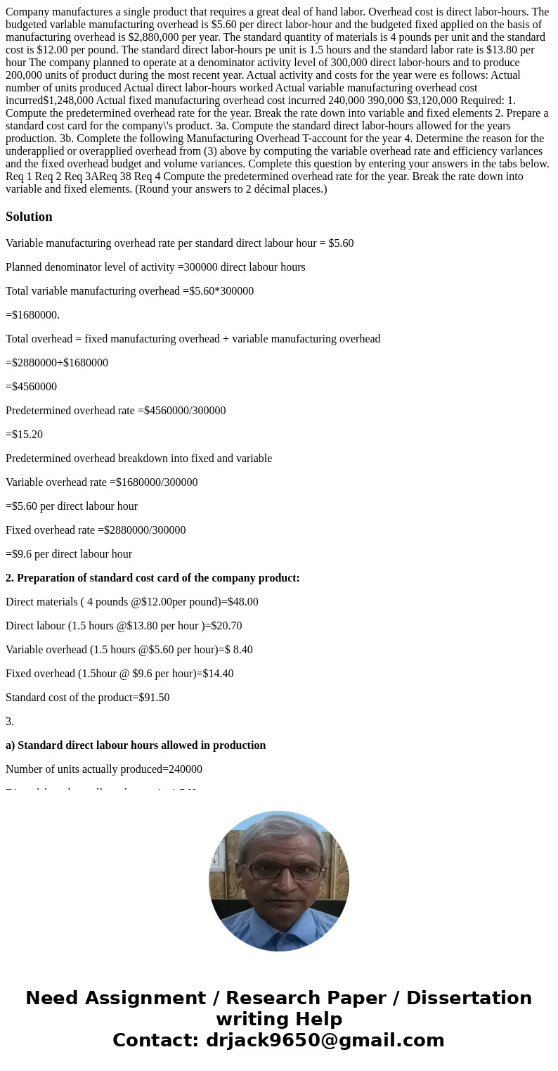 Company manufactures a single product that requires a great deal of hand labor. Overhead cost is direct labor-hours. The budgeted varlable manufacturing overhe  Company manufactures a single product that requires a great deal of hand labor. Overhead cost is direct labor-hours. The budgeted varlable manufacturing overhe