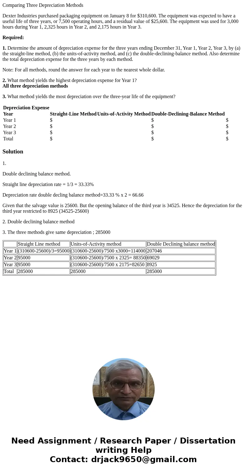 Comparing Three Depreciation Methods Dexter Industries purchased packaging equipment on January 8 for $310,600. The equipment was expected to have a useful life