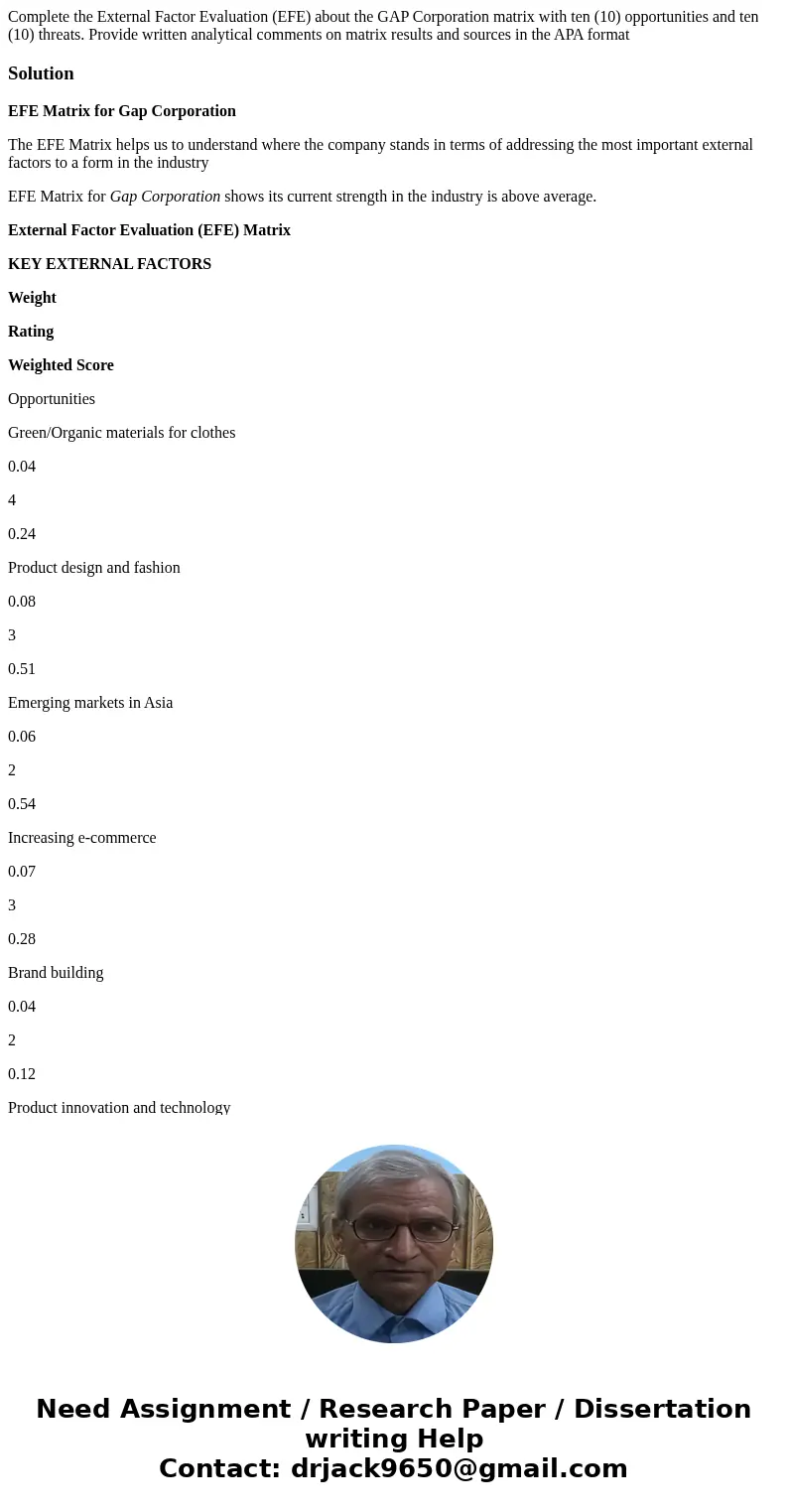 Complete the External Factor Evaluation (EFE) about the GAP Corporation matrix with ten (10) opportunities and ten (10) threats. Provide written analytical com  Complete the External Factor Evaluation (EFE) about the GAP Corporation matrix with ten (10) opportunities and ten (10) threats. Provide written analytical com