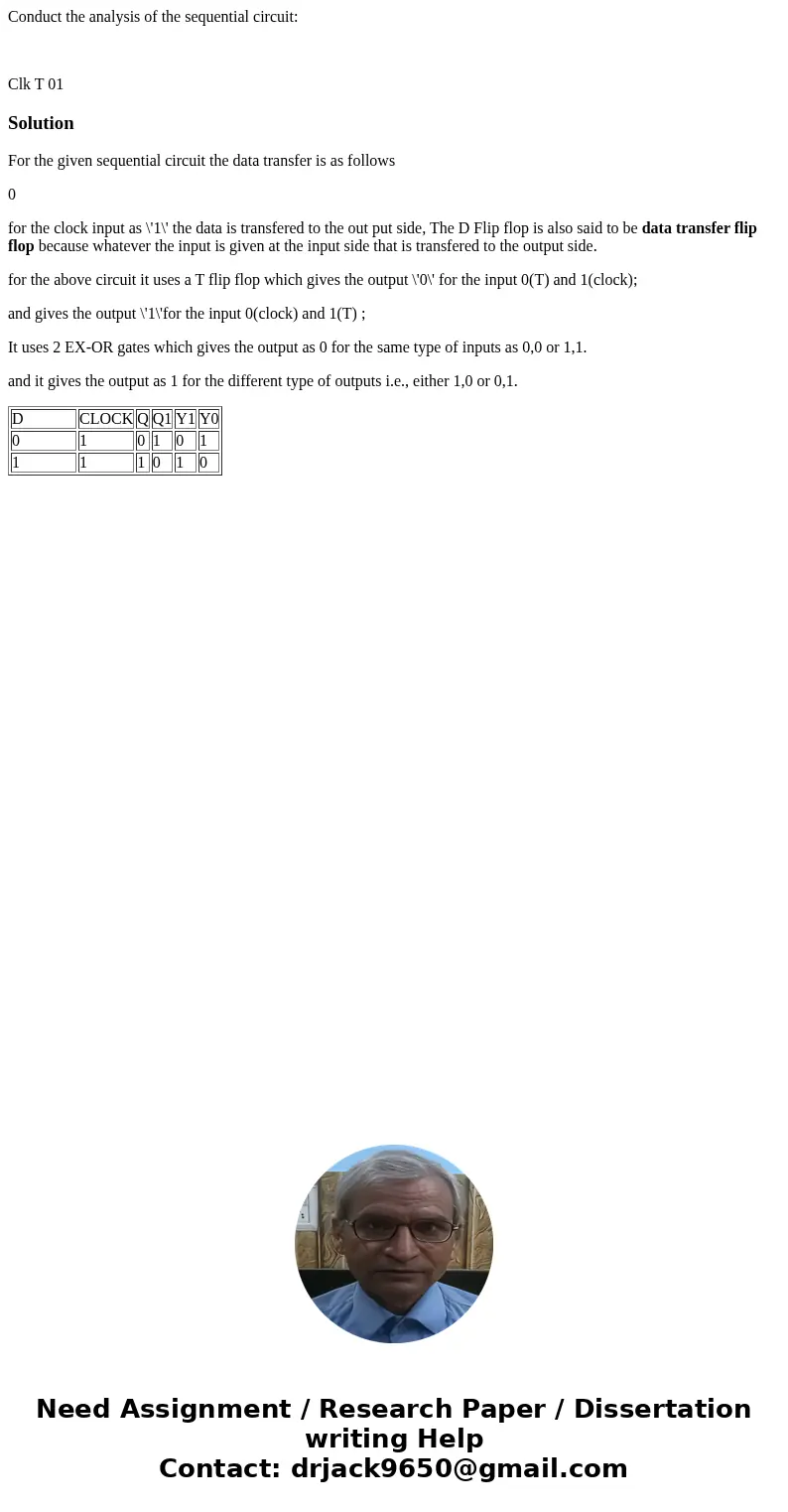 Conduct the analysis of the sequential circuit: Clk T 01 SolutionFor the given sequential circuit the data transfer is as follows 0 for the clock input as \'1\' Conduct the analysis of the sequential circuit: Clk T 01 SolutionFor the given sequential circuit the data transfer is as follows 0 for the clock input as \'1\'