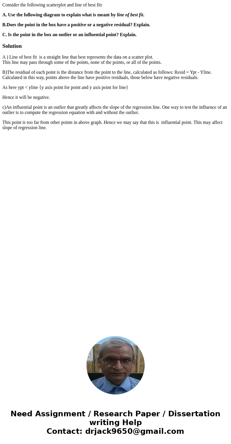 Consider the following scatterplot and line of best fit: A. Use the following diagram to explain what is meant by line of best fit. B.Does the point in the box  Consider the following scatterplot and line of best fit: A. Use the following diagram to explain what is meant by line of best fit. B.Does the point in the box