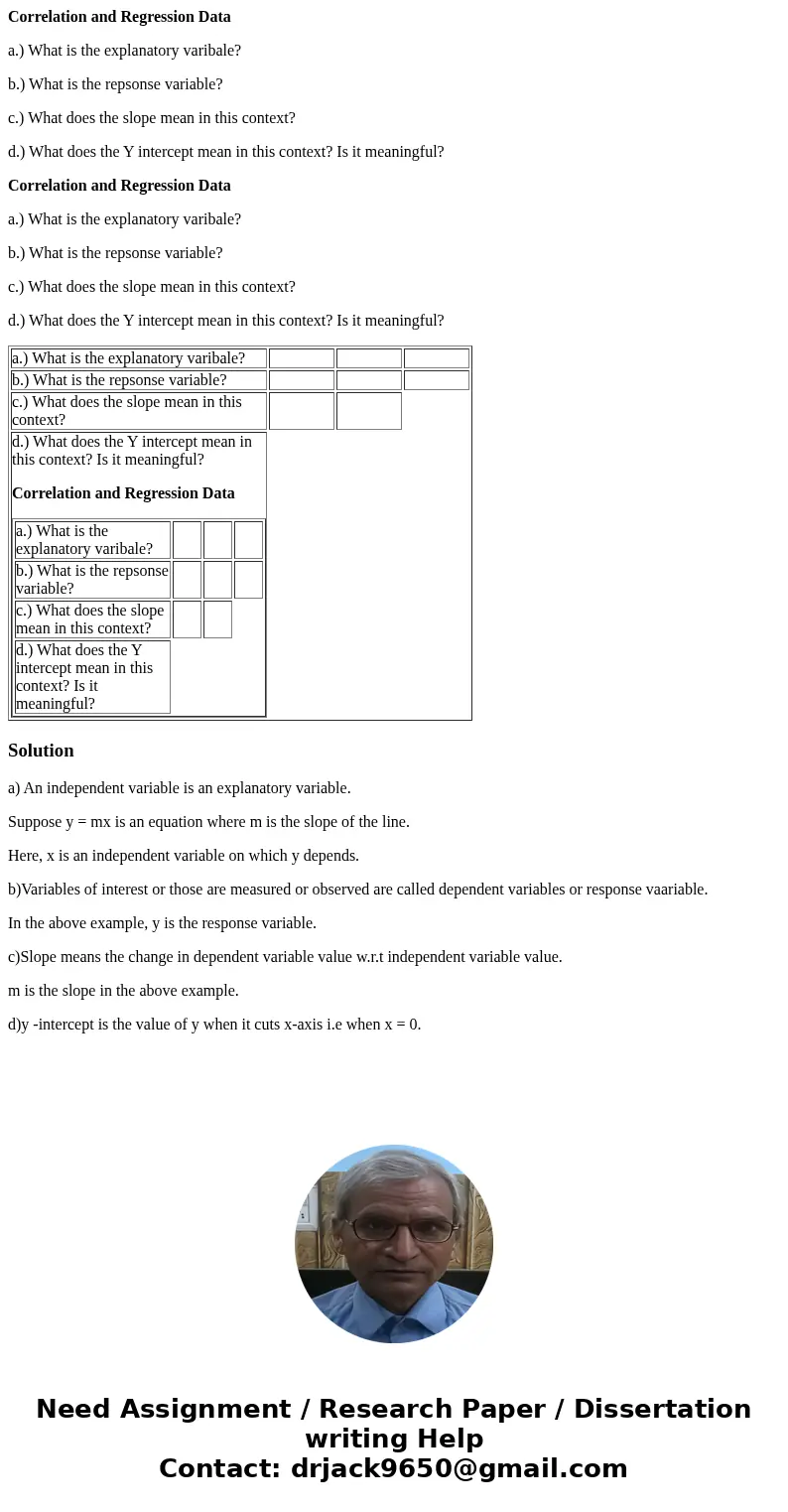Correlation and Regression Data a.) What is the explanatory varibale? b.) What is the repsonse variable? c.) What does the slope mean in this context? d.) What 