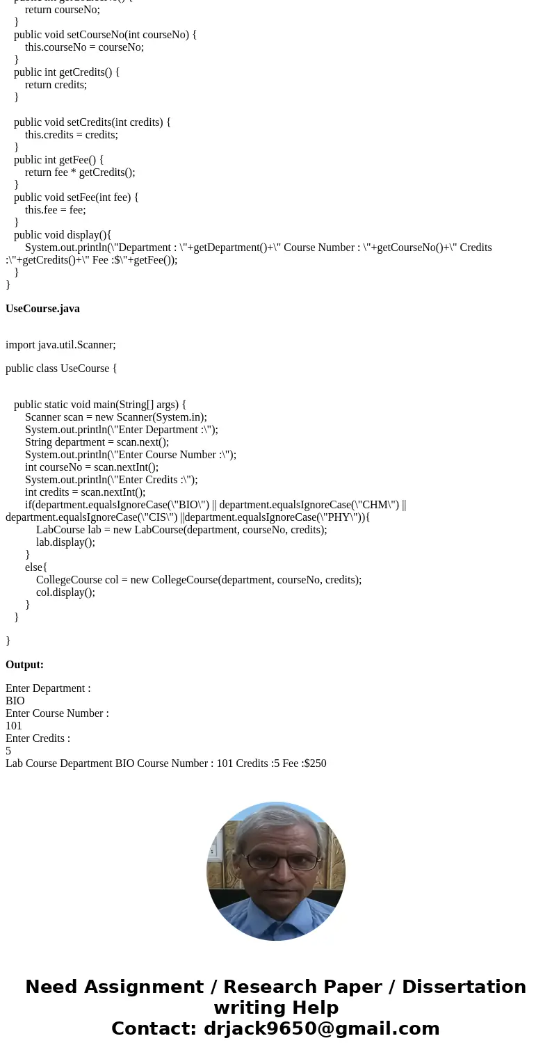 Create a class named College Course that includes data fields that hold the department (for example, ENG), the course number (for example, 101), the credits (fo Create a class named College Course that includes data fields that hold the department (for example, ENG), the course number (for example, 101), the credits (fo