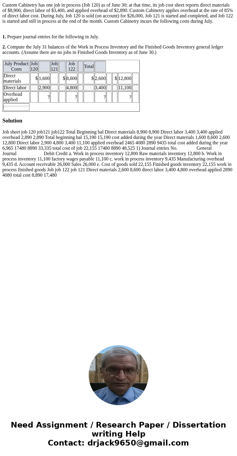  Custom Cabinetry has one job in process (Job 120) as of June 30; at that time, its job cost sheet reports direct materials of $8,900, direct labor of $3,400, a